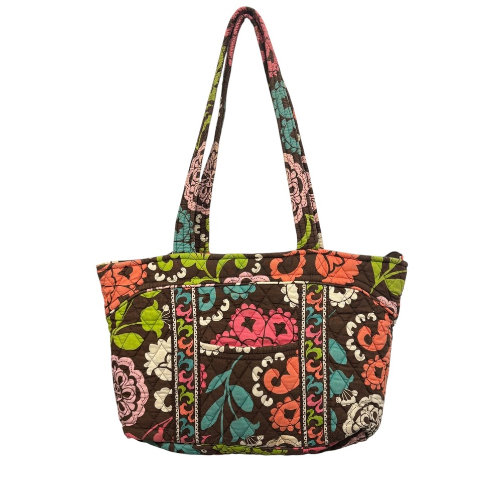 Vera Bradley Lola Mocha Rouge Quilted Floral Tote Bag Brown Pink Blue Zippered